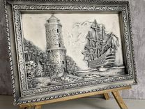 Картина,панно из гипса,Маяк и Корабль"Встреча"