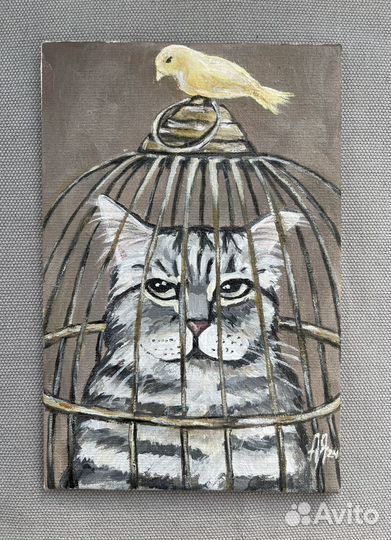 Картина Кот в клетке и канарейка 10х15 холст