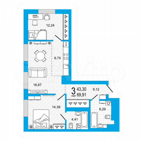 2-к. квартира, 69,9 м², 21/27 эт.