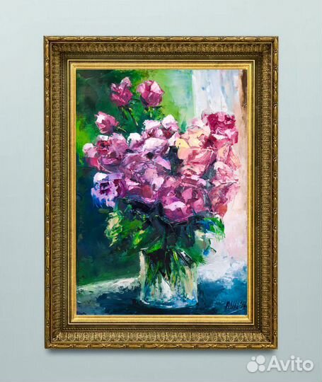 Картина цветы в вазе Натюрморт маслом Этюд розы