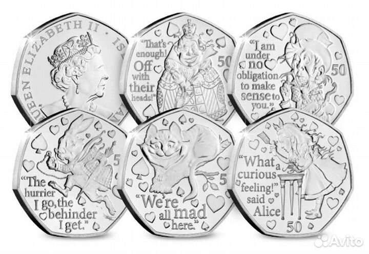 Набор 50 пенсов: Алиса оба вида, Англия / Мэн