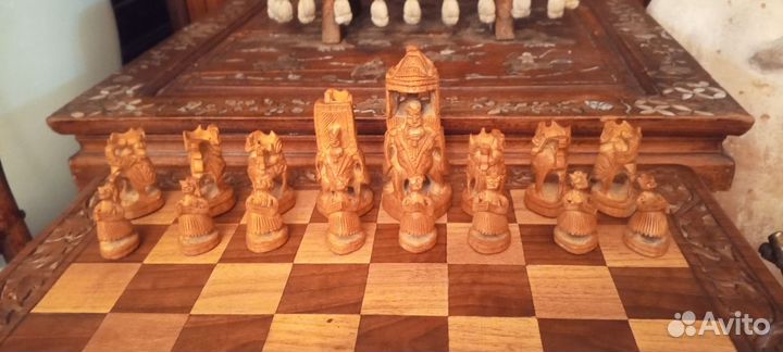 Старые индийские антикварные шахматы дерево резьба