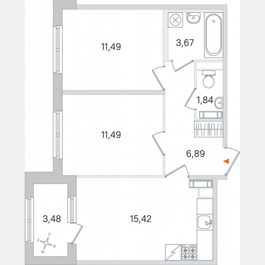 2-к. квартира, 52,5 м², 2/4 эт.