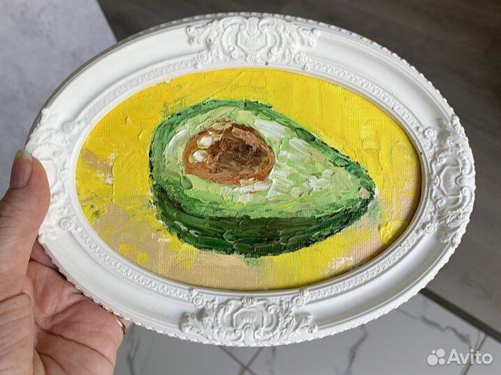 Картина маслом в рамке авокадо, импасто 14х20