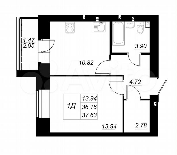 1-к. квартира, 37,6 м², 1/10 эт.