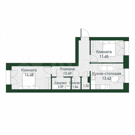 2-к. квартира, 54 м², 3/4 эт.