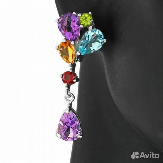 Серьги серебро аметист, цитрин, топаз, гранат С378
