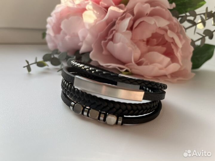 Браслет мужской на руку черный эко-кожа