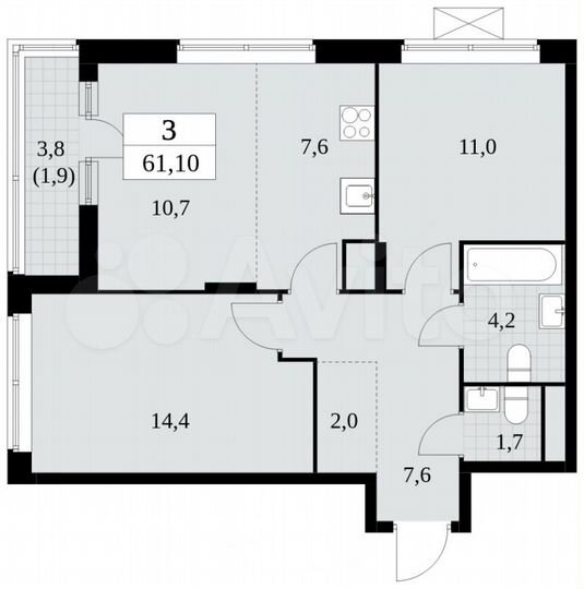 3-к. квартира, 61,1 м², 14/16 эт.