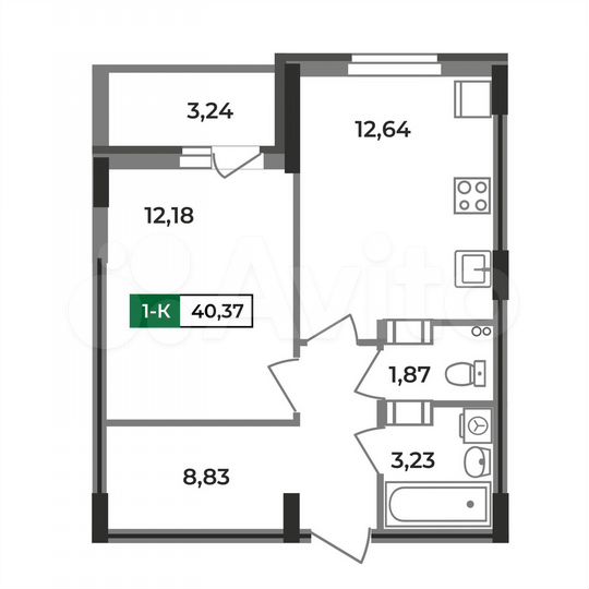 1-к. квартира, 40,4 м², 12/12 эт.