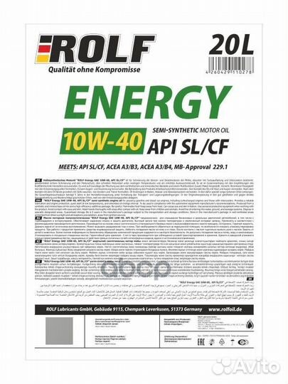 Масло rolf 10W40 Energy SL/CF A3/B4 (20л) п/син