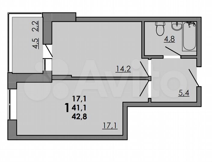 1-к. квартира, 42,8 м², 2/15 эт.