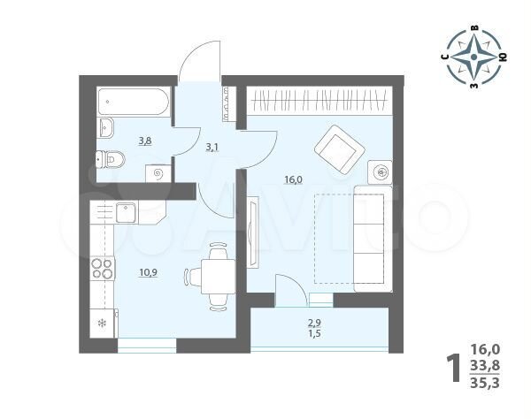 1-к. квартира, 35 м², 10/17 эт.