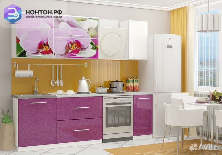 Кухня Орхидея-2 1.8 м белый глянец / сиреневый мет