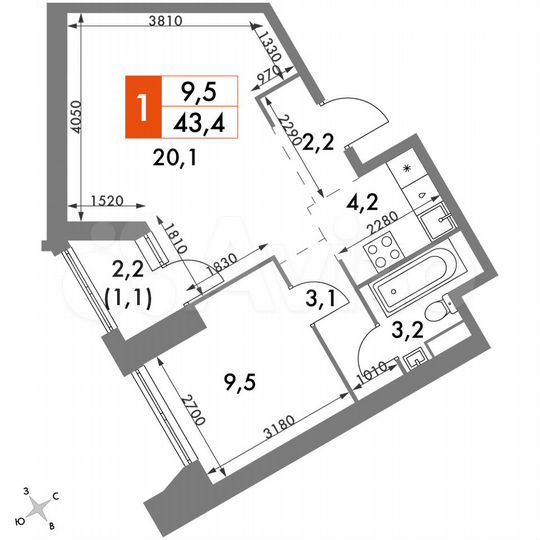 2-к. квартира, 43,4 м², 28/47 эт.