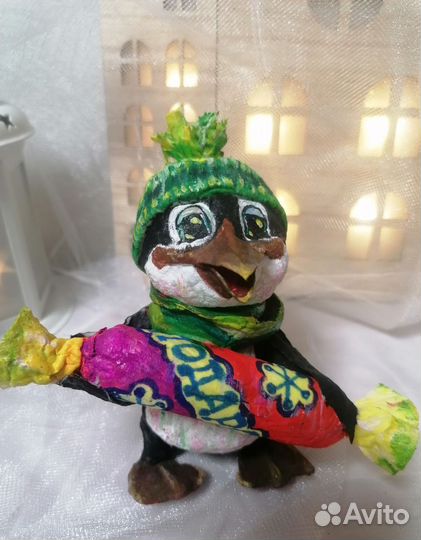 Пингвин, ватная елочная игрушка, ручная работа