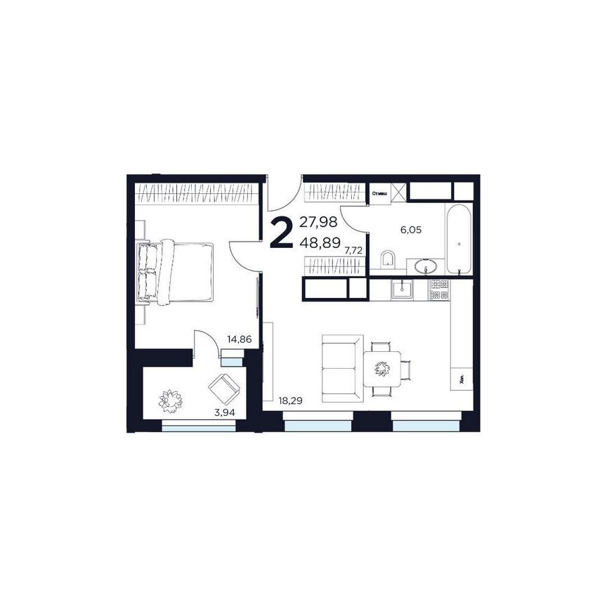 2-к. квартира, 48,9 м², 9/15 эт.