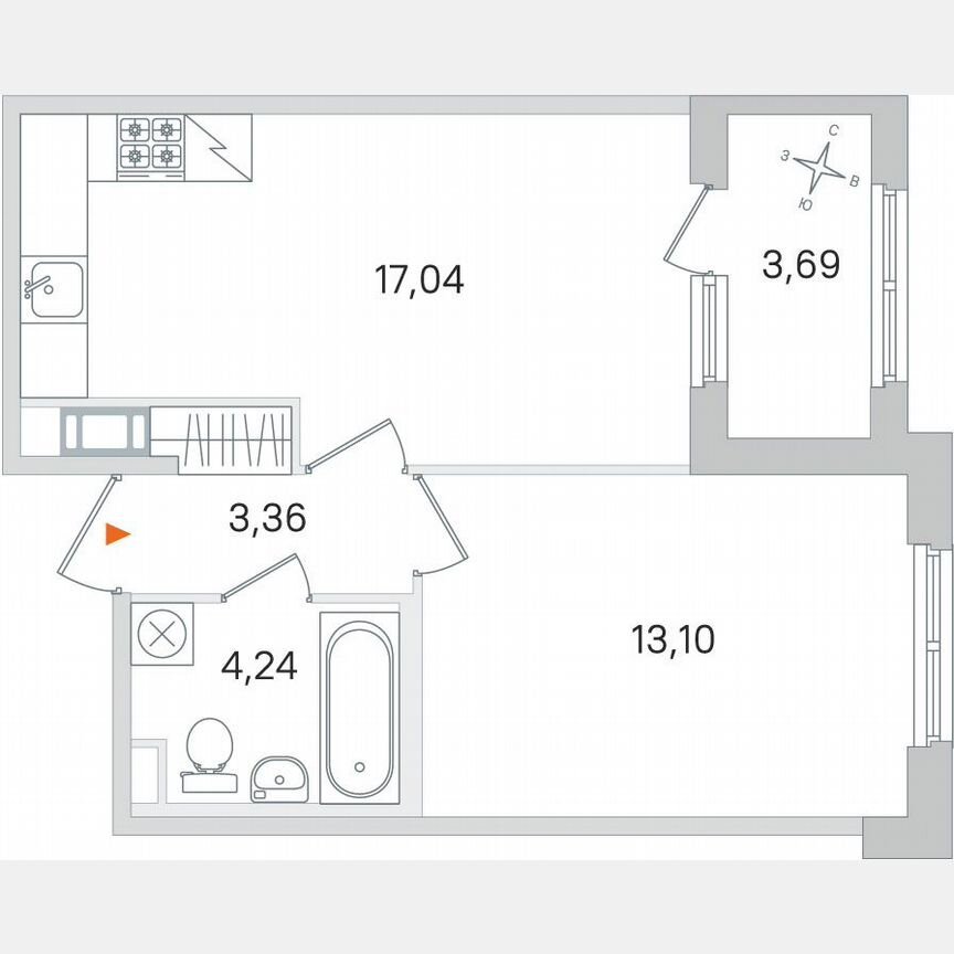 1-к. квартира, 39,6 м², 2/4 эт.