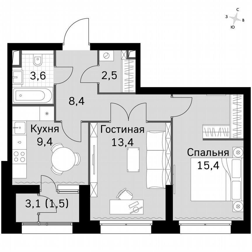 2-к. квартира, 54,5 м², 6/6 эт.