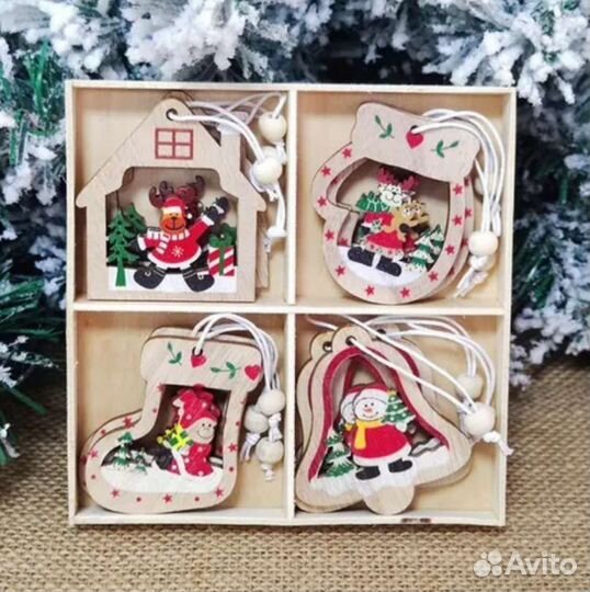 Набор новогодних ёлочных украшений деревянные