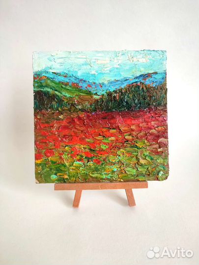 Картина маслом миниатюра Маковое поле пастозно