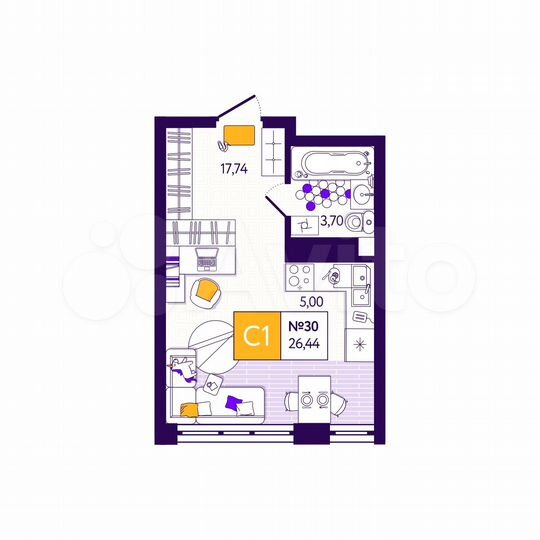 1-к. квартира, 26,4 м², 3/12 эт.