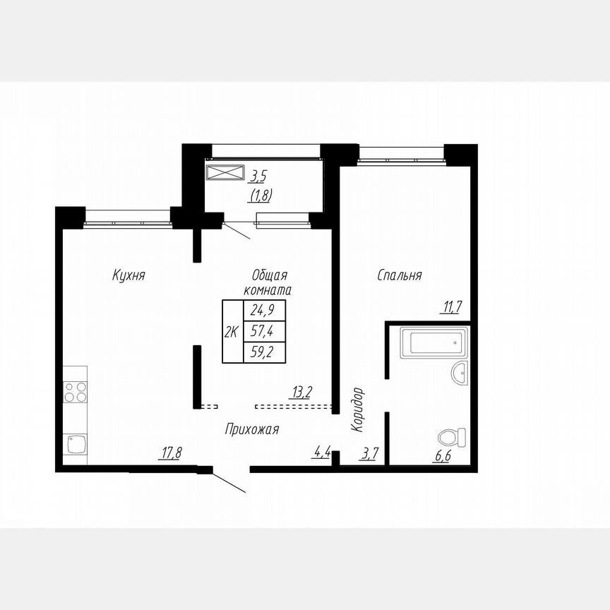 2-к. квартира, 59,2 м², 15/17 эт.