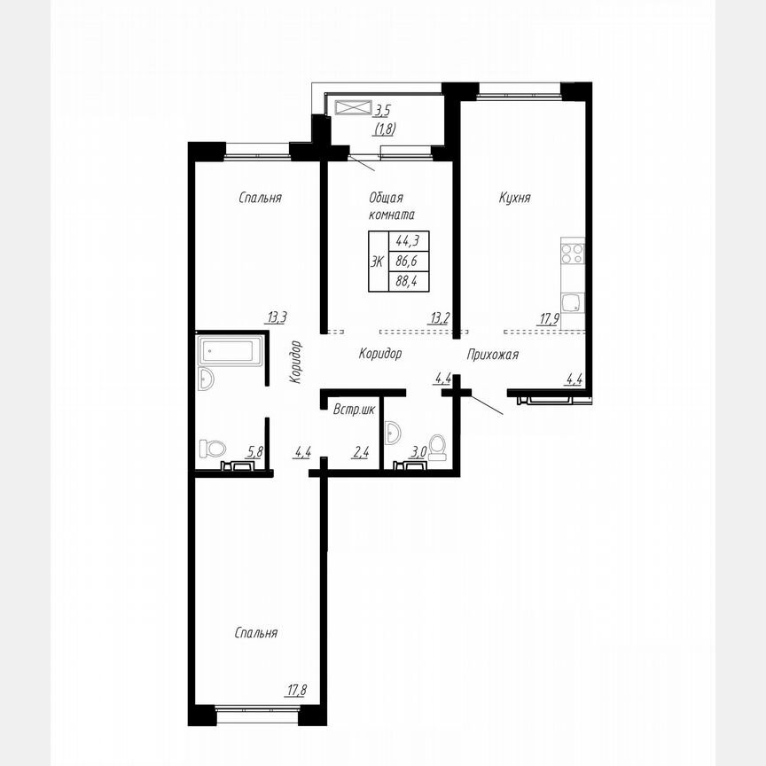 3-к. квартира, 88,4 м², 13/17 эт.