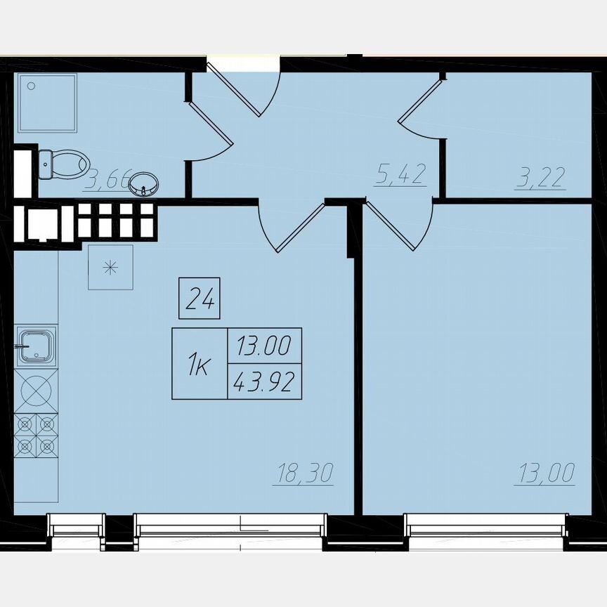 1-к. квартира, 43,1 м², 4/4 эт.