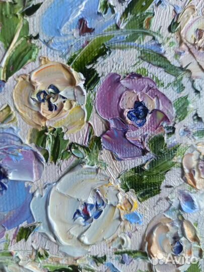 Картина маслом цветы белые фиолетовые на холсте