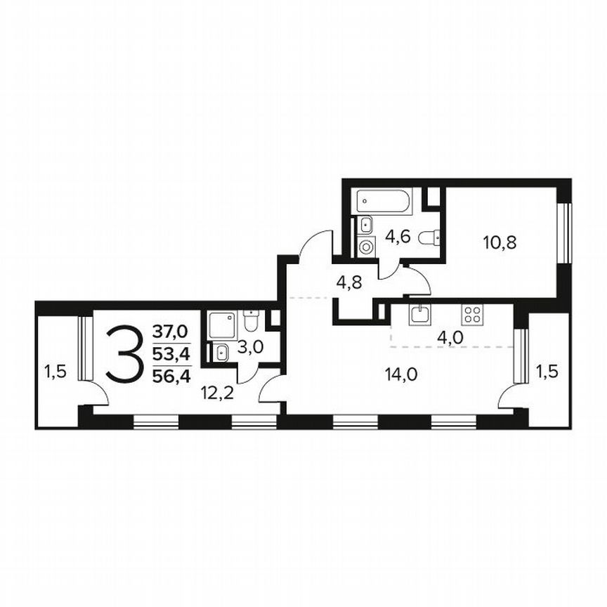 3-к. квартира, 56,4 м², 2/9 эт.