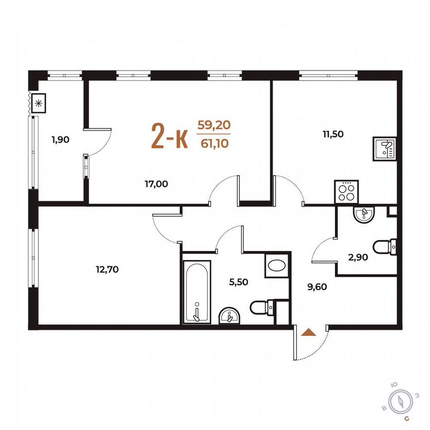 2-к. квартира, 61,1 м², 2/8 эт.