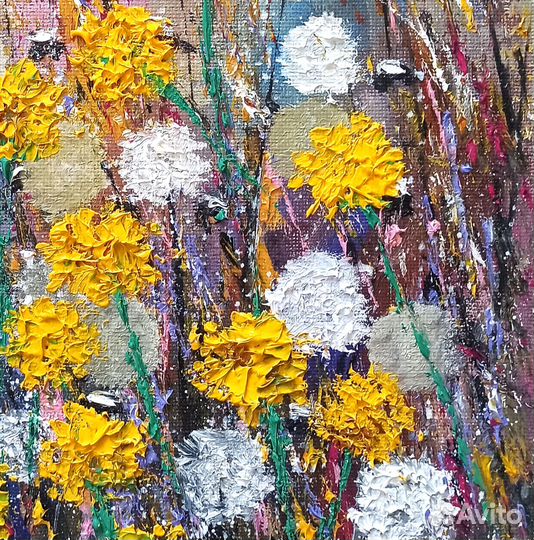 Картина маслом Одуванчики Полевые цветы