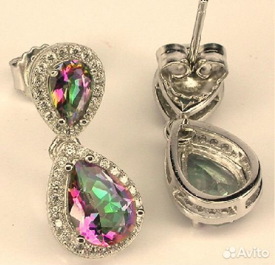Серьги с каплевидными радужными кварцами