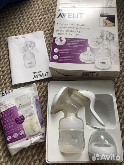 Молокоотсос avent ручной и прокладки для груди
