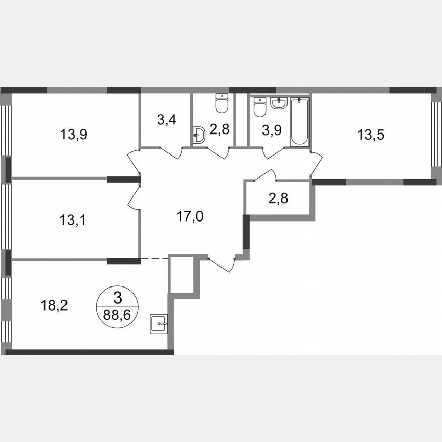 3-к. квартира, 88,6 м², 6/17 эт.
