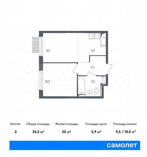 2-к. квартира, 34,2 м², 14/17 эт.