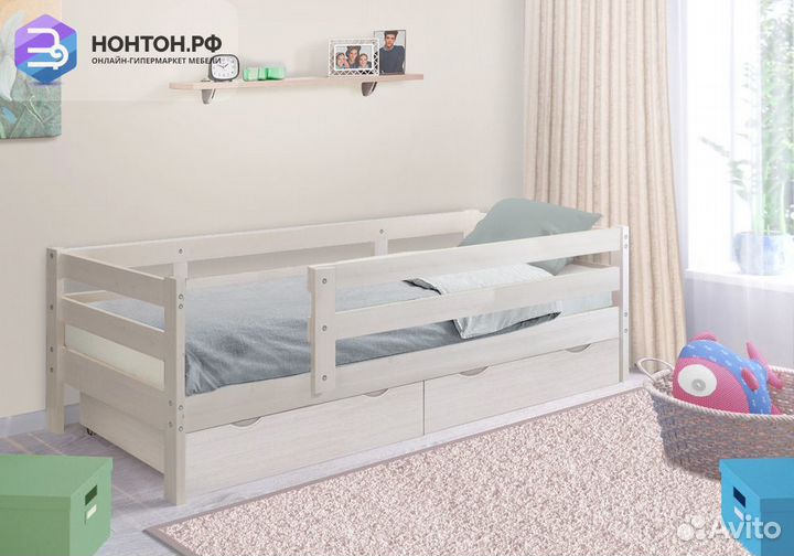 Кровать детская Норка с ящиками и бортиком выбелен