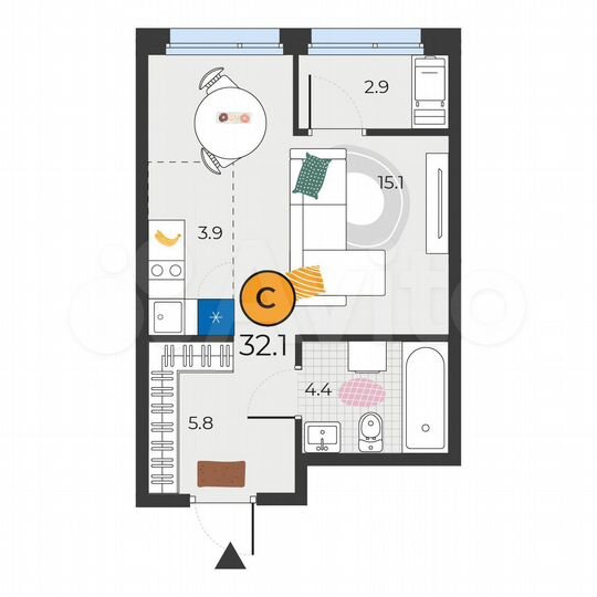 Квартира-студия, 32,1 м², 21/25 эт.