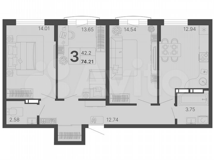 2-к. квартира, 73,4 м², 2/20 эт.