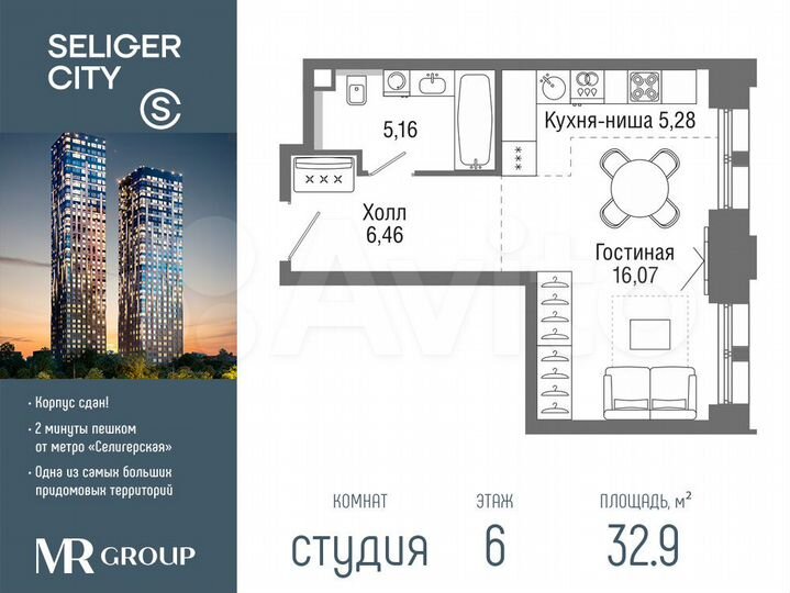 Квартира-студия, 32,9 м², 6/36 эт.