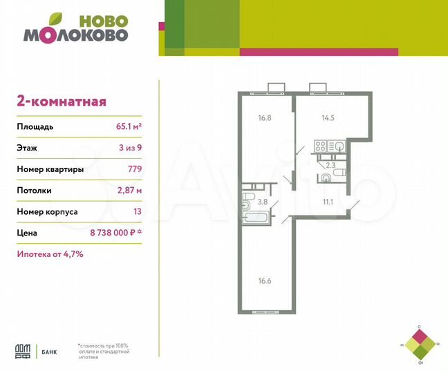 2-к. квартира, 65,1 м², 3/9 эт.