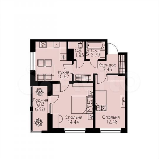 2-к. квартира, 52,9 м², 2/12 эт.