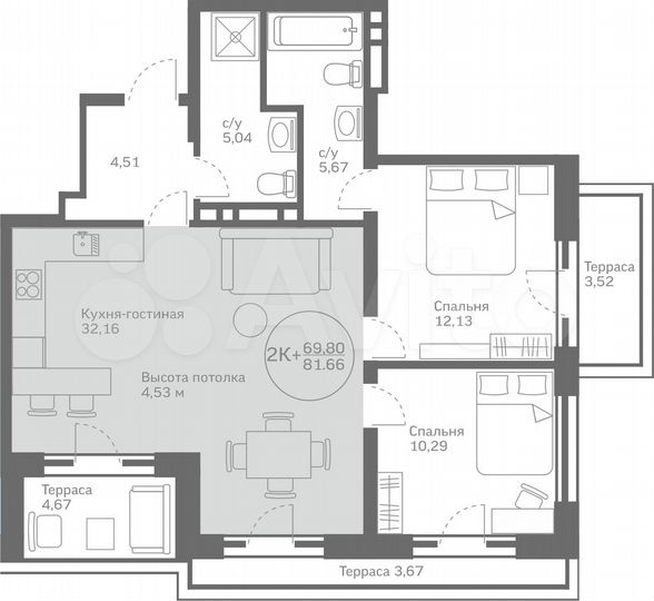 2-к. квартира, 69,8 м², 10/10 эт.