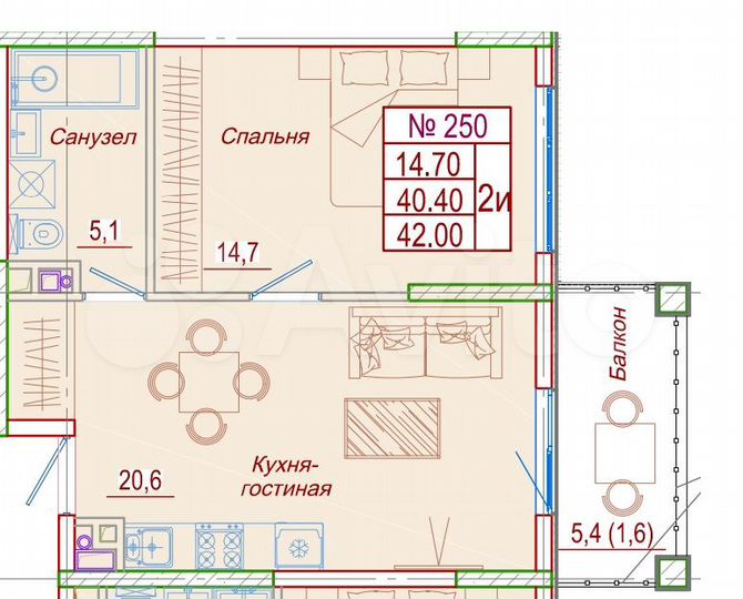 1-к. квартира, 42 м², 4/6 эт.