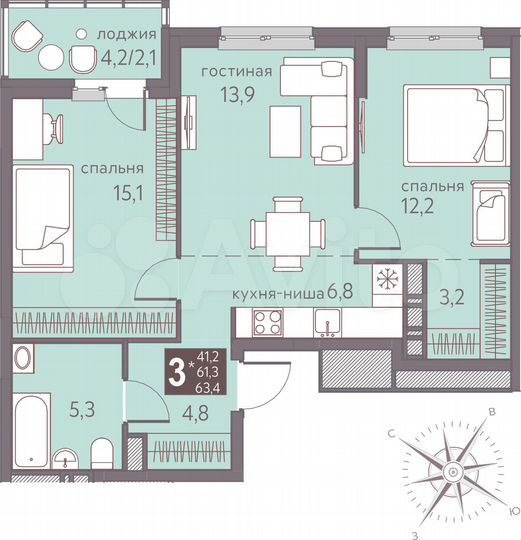 3-к. квартира, 63,4 м², 3/16 эт.
