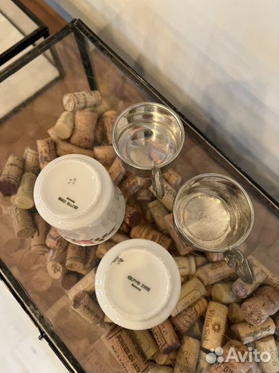 Антикварная пара демитас. Олово/фарфор