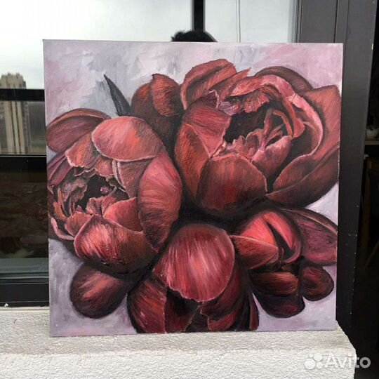 Картина маслом на холсте 50х50. Пионы