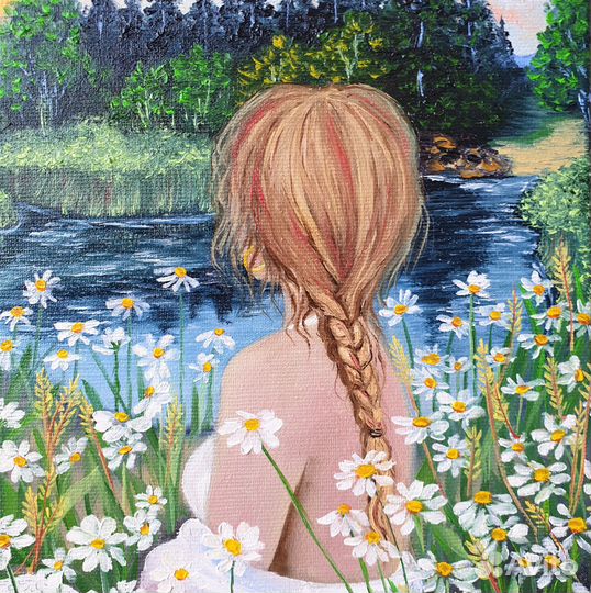 Картина маслом. Девушка и ромашки. из г. Сочи