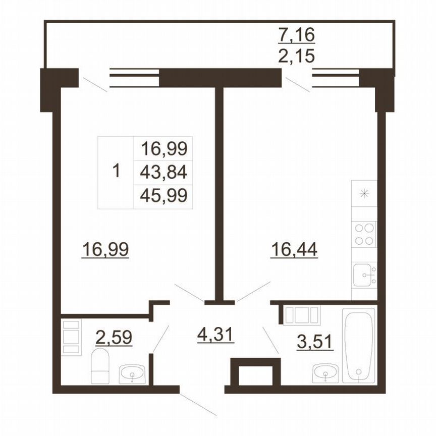 1-к. квартира, 46 м², 4/6 эт.